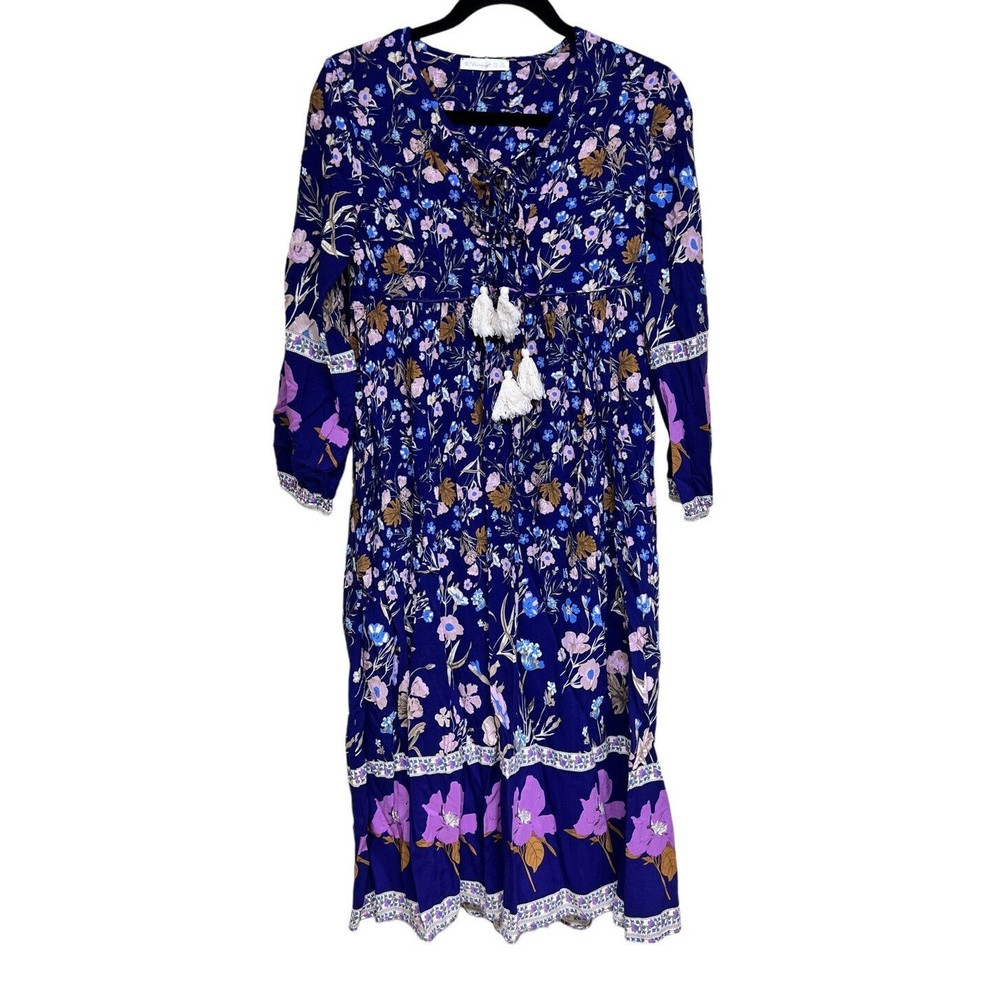 R. Vivimos Long Sleeve Bohemian MIDI Dress Navy Floral Women’s Size XS (0-2)